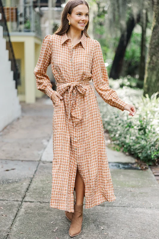 Dresses with asymmetric hems -Harvest Wishes Rust Orange Gingham Midi Dress