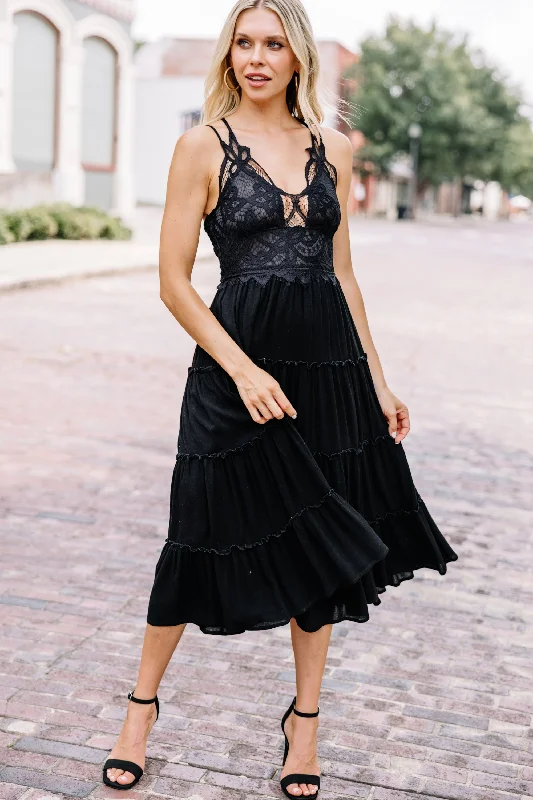 Trendy wedding guest attire -Head In The Clouds Black Lace Midi Dress