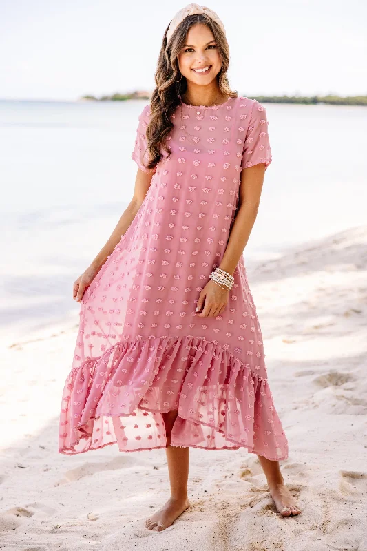 Dresses with ribbon details -Hear The News Mauve Pink Swiss Dot Midi Dress