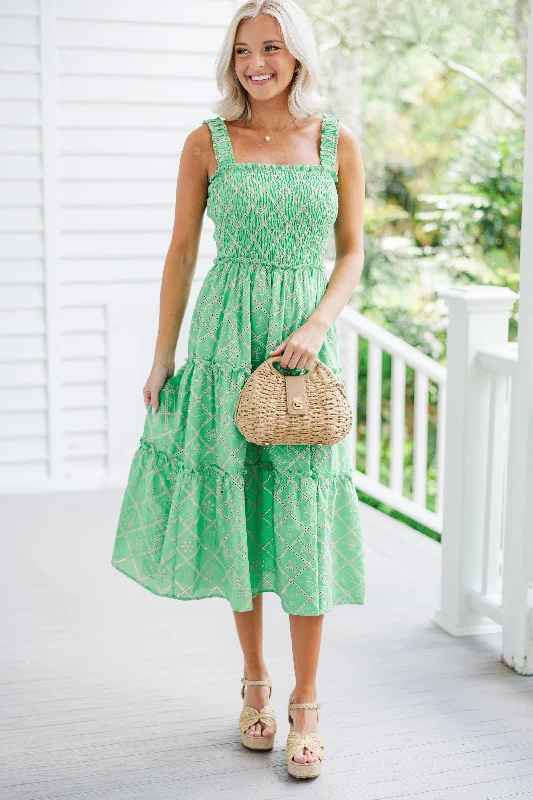 Dress for romantic dinner -Here To Stay Green Eyelet Midi Dress