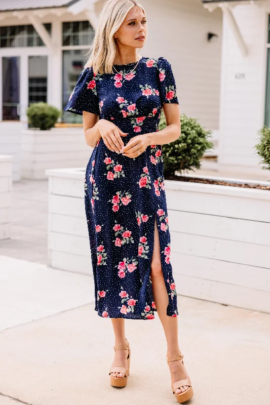 Vintage floral dresses for weddings -Here We Go Navy Blue Mixed Print Midi Dress