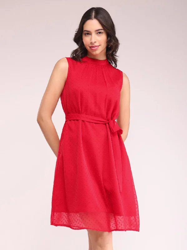 Long formal dresses -High Neck A-line Dress - Red