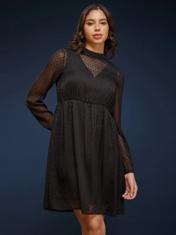 Dresses for holiday dinners -High Neck Chiffon Dress - Black