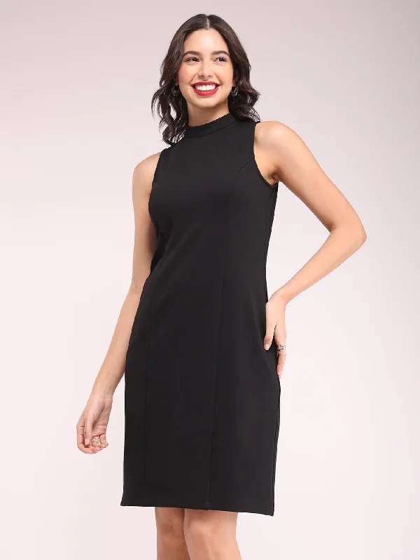 High-low dresses for women -High Neck Shift Dress - Black