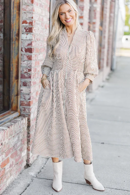 Bohemian evening dresses -How You Love Brown Striped Midi Dress