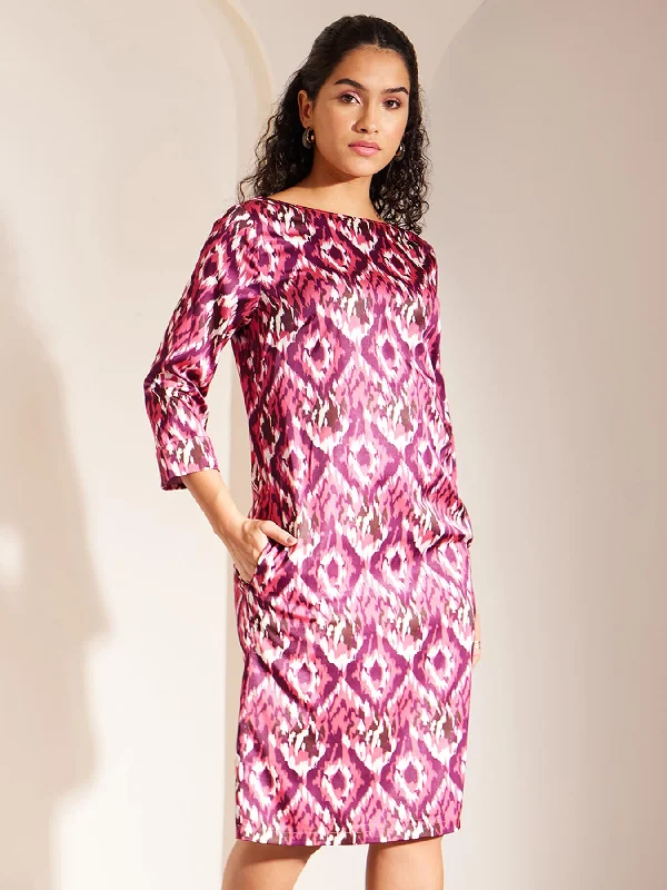 Comfy dresses for travel -Ikkat Print Boat Neck Dress - Pink And Purple