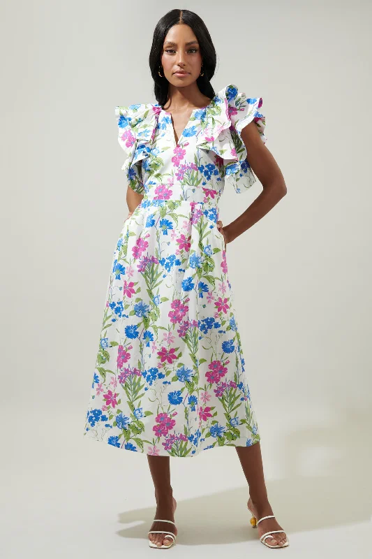 Dresses for church events -In Bloom Floral Santana Ruffle Sleeve Tie Back Midi Dress