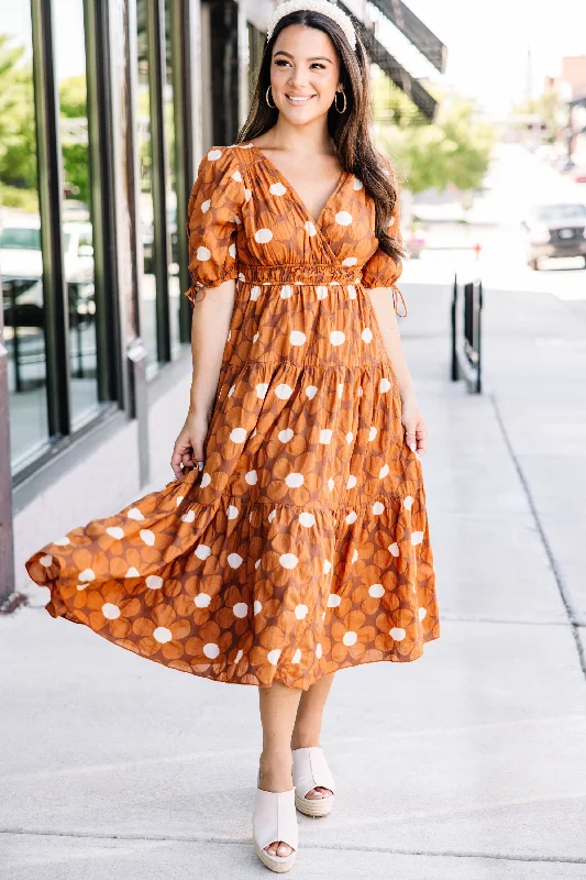 Dresses with tiered skirts -In This Moment Brown Floral Midi Dress