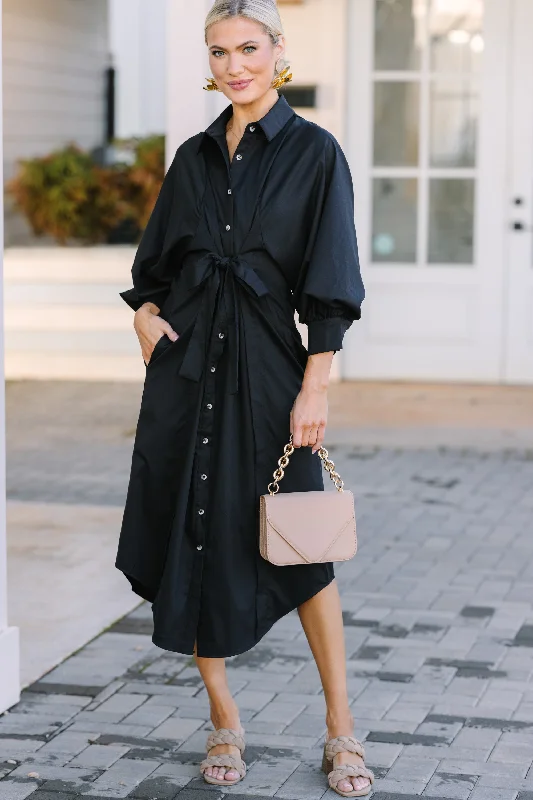 Dresses for outdoor dinner parties -In Your League Black Button Down Midi Dress