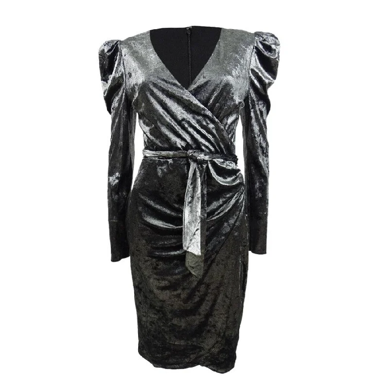 Cocktail attire dresses -INC International Concepts Women’s Puff-Sleeve Velvet Wrap Dress (S, Silver)