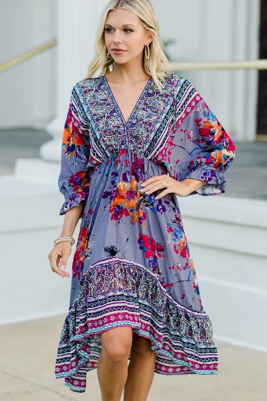 Chic maxi dresses for vacation -Influenced By Florals Gray Floral Midi Dress