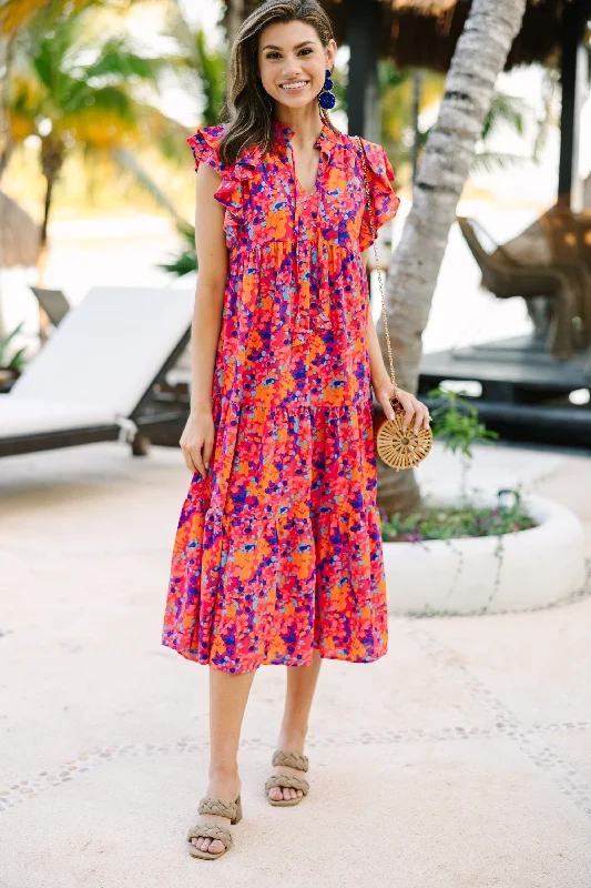 Cocktail attire dresses -It's All Clear Fuchsia Pink Floral Midi Dess