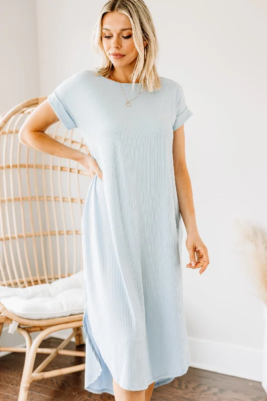 Wedding dresses for church ceremonies -It's All Here Light Blue Ribbed Midi Dress