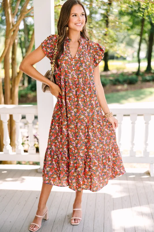 Dresses for summer picnics -It's Another Day Brick Red Ditsy Floral Midi Dress