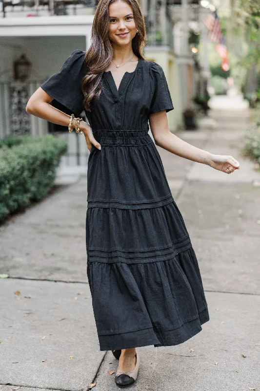 Dresses for black tie events -It's In The Air Black Tiered Midi Dress