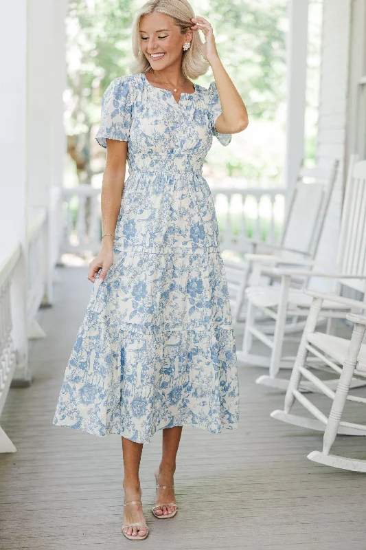 Dresses for pool parties -It's In The Air Blue Toile Tiered Midi Dress