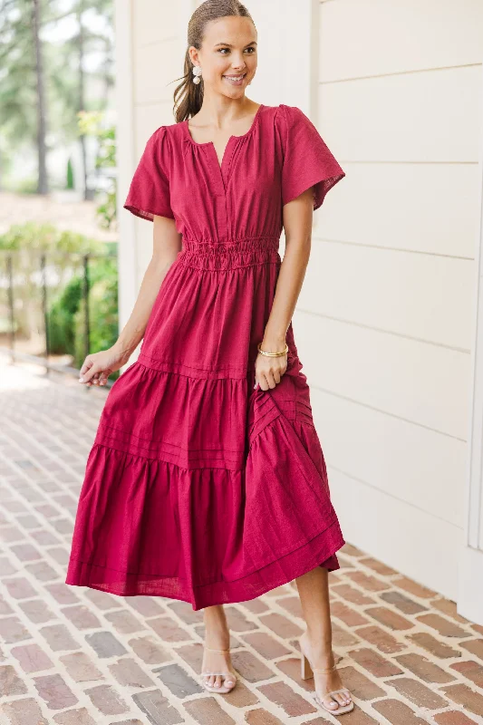 Lightweight summer dresses -It's In The Air Burgundy Red Tiered Midi Dress