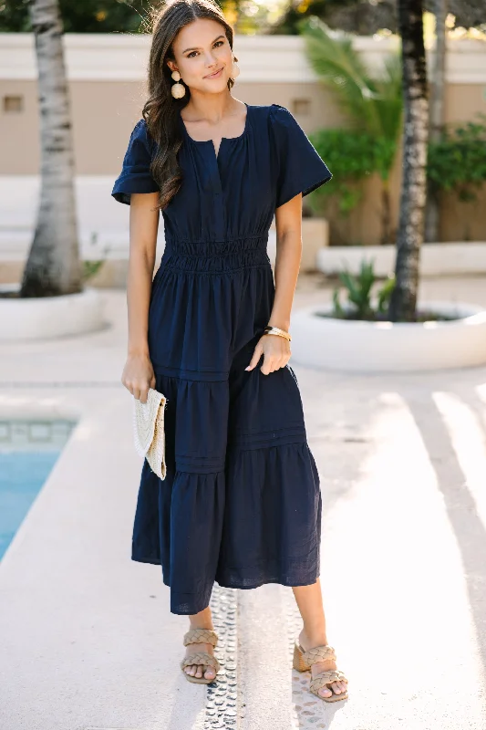 Boho-style wedding dresses -It's In The Air Navy Blue Tiered Midi Dress