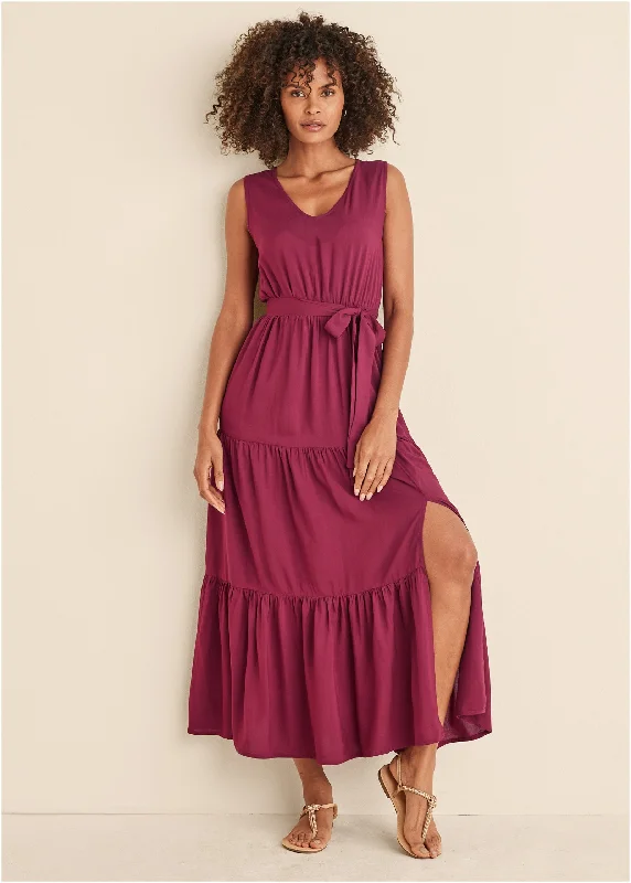 Cocktail attire dresses -Wrap Tiered Maxi Dress - Mauve