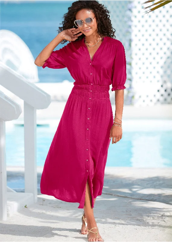 V-neck dresses for women -Button Front Maxi Dress - Pink