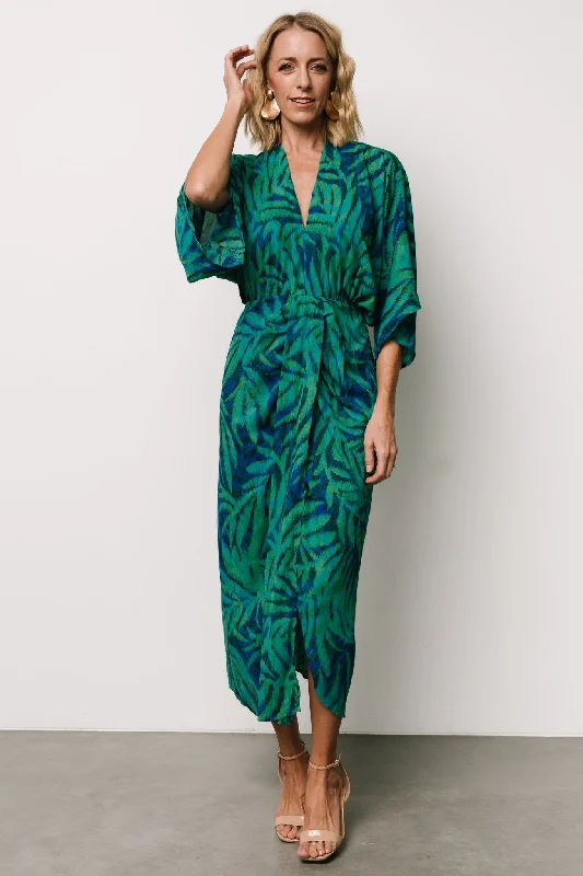 Dresses with pleated fabric details -Janessa Midi Dress | Green + Blue Print