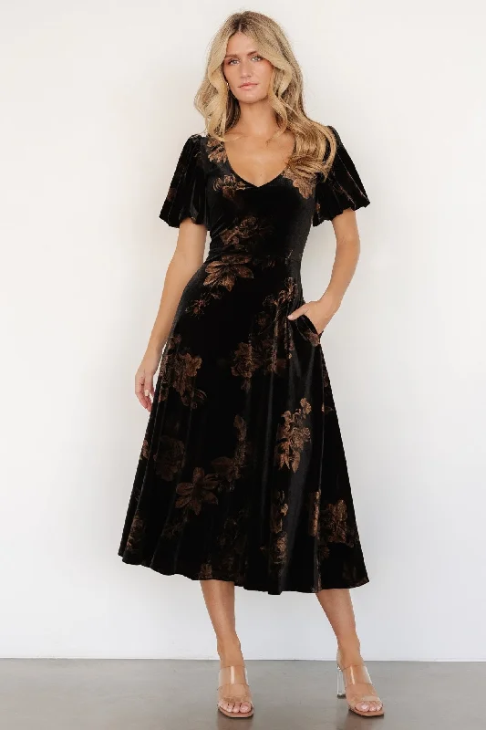 Romantic lace dresses -Janna Velvet Midi Dress | Black + Bronze Floral