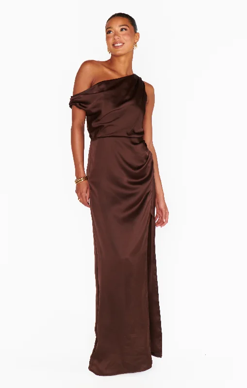 Boho style maxi dresses -Jodie Dress ~ Chocolate Luxe Satin