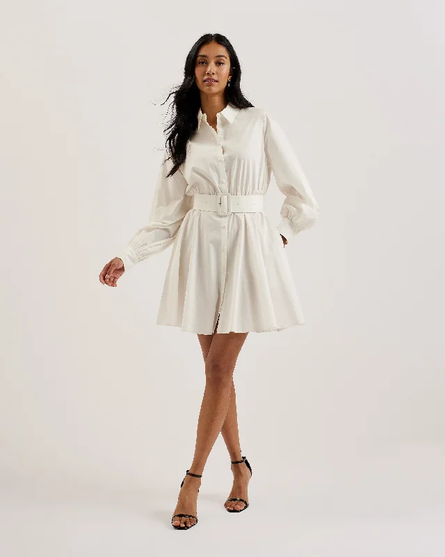 Dresses for family celebrations -Jurua Long Sleeve Shirt Mini Dress White