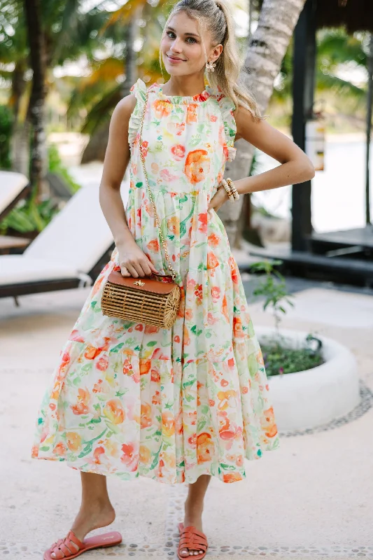 Fitted dresses for women -Just A Dream Orange Floral Midi Dress