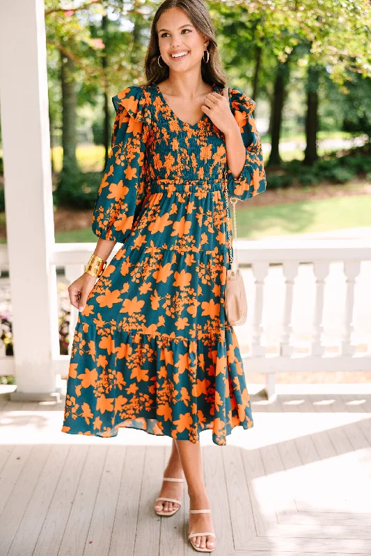 Maxi dress for date night -Just For Me Teal Blue Floral Midi Dress