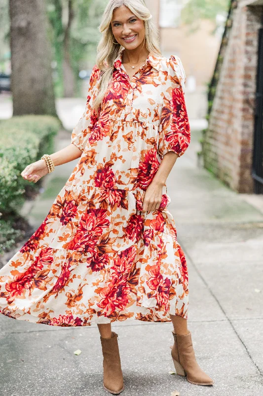 Sophisticated evening gowns -Just Go With It Cream Floral Midi Dress