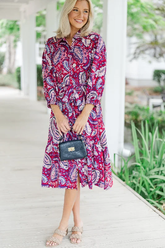 Dresses for anniversary celebrations -Just Having Fun Wine Red Paisley Midi Dress