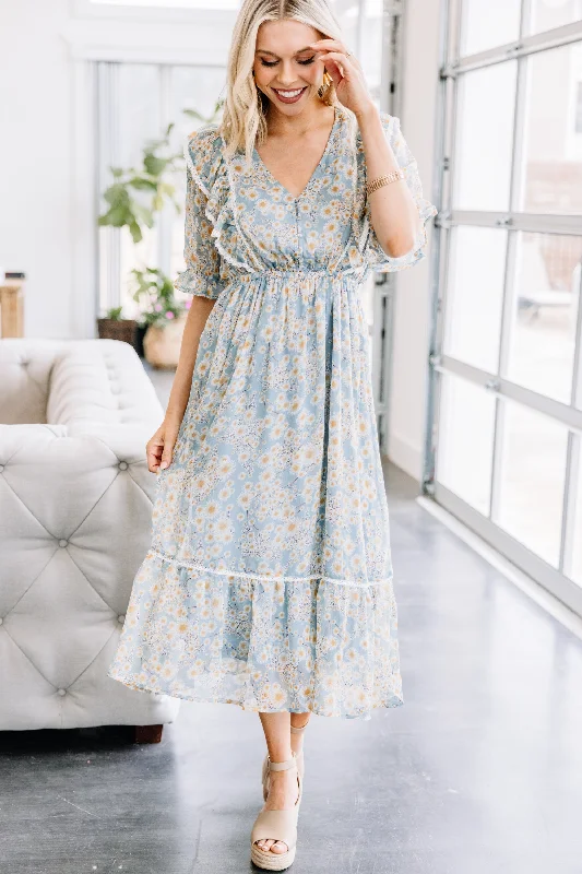 Wedding party dresses -Just My Type Chambray Blue Floral Midi Dress