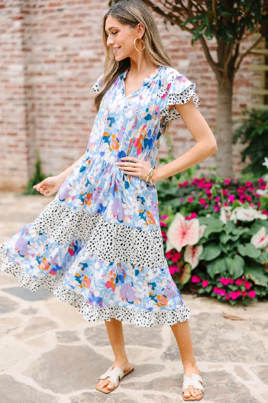 Elegant dresses for dinner -Just Right Light Blue Floral Midi Dress