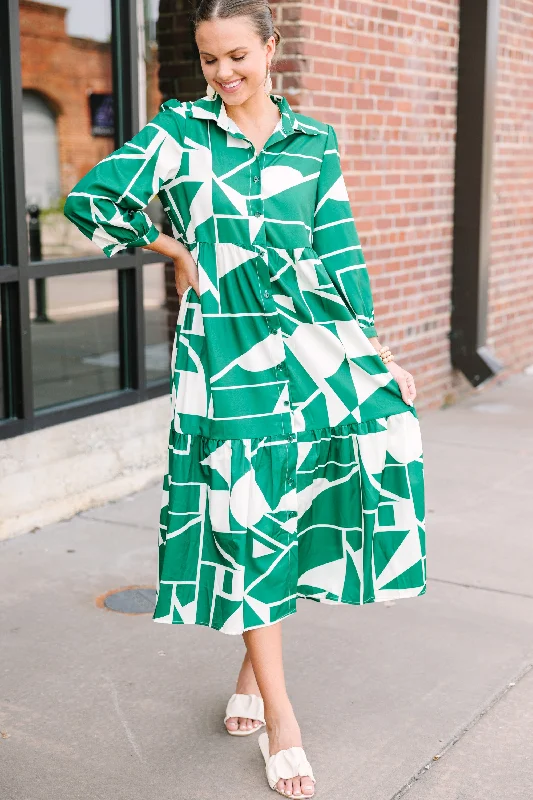 Floral print dresses for garden parties -Just What You Love Green Abstract Midi Dress