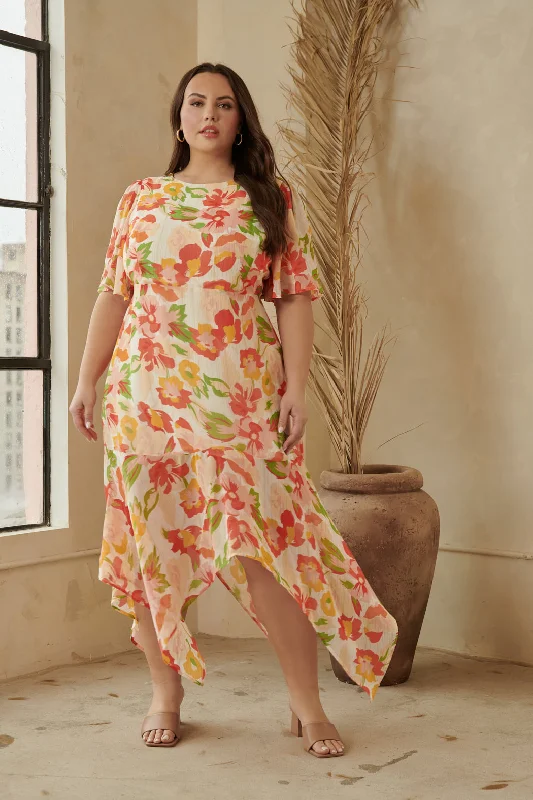 Dresses with floral patterns for spring -Kailua Floral Aerin Asymmetrical Flutter Midi Dress Curve