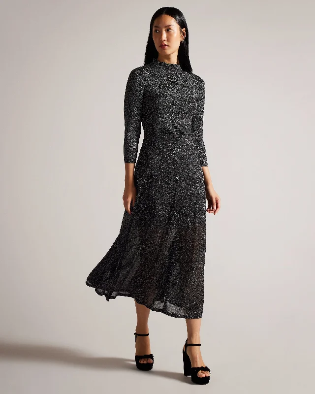 Stylish dresses for dinner parties -Kannie Metallic Knitted Maxi Dress Black