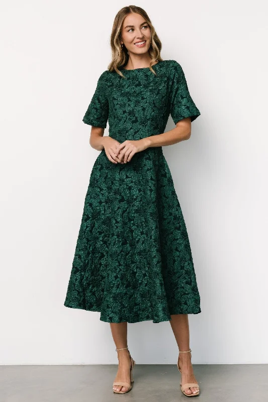 Fit and flare midi dresses -Kya Embossed Midi Dress | Emerald Green