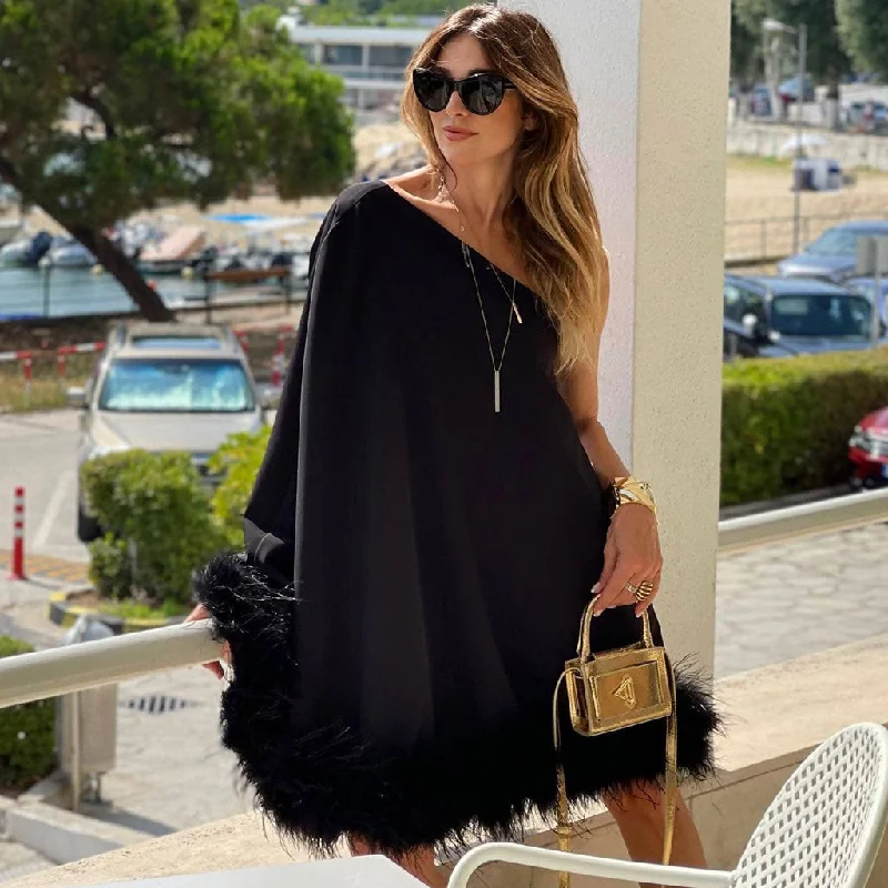 Cheap dresses for women -Lavish One Shoulder Cape Style A Line Layered Faux Feather Mini Dress