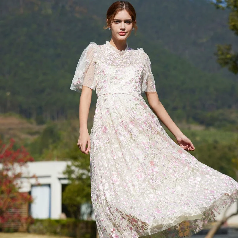 Flowy summer dresses -Lavish Short Sleeve Frill Neck A Line Summer Embroidered Floral Tulle Maxi Dress