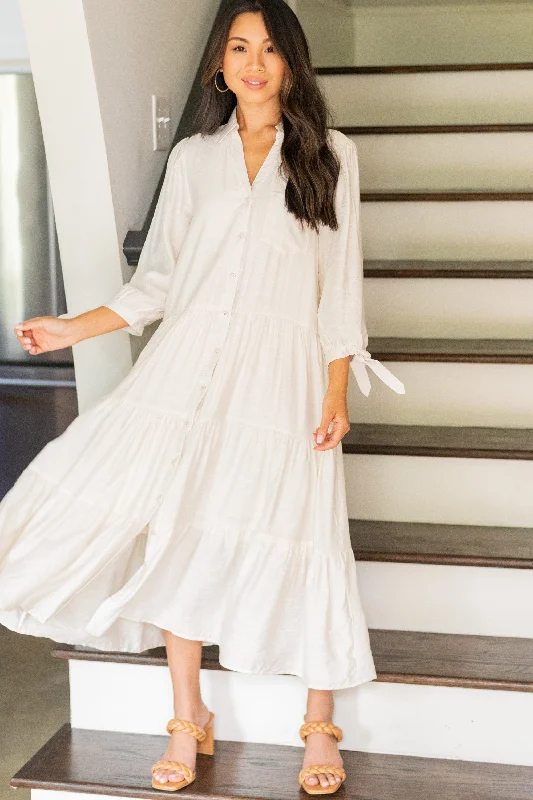 Casual dinner dresses -Leading Back To You Eggshell White Tiered Midi Dress