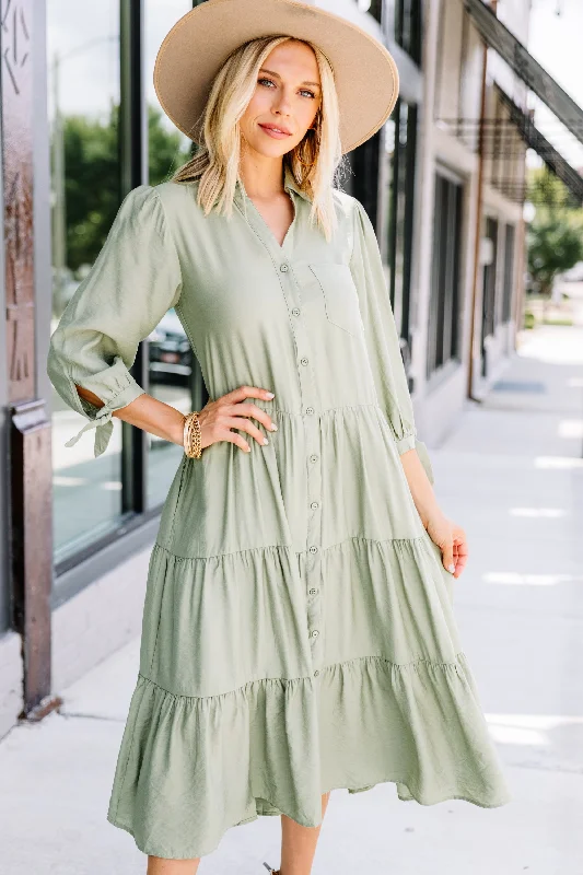 Evening dresses with floral embroidery -Leading Back To You Sage Green Tiered Midi Dress