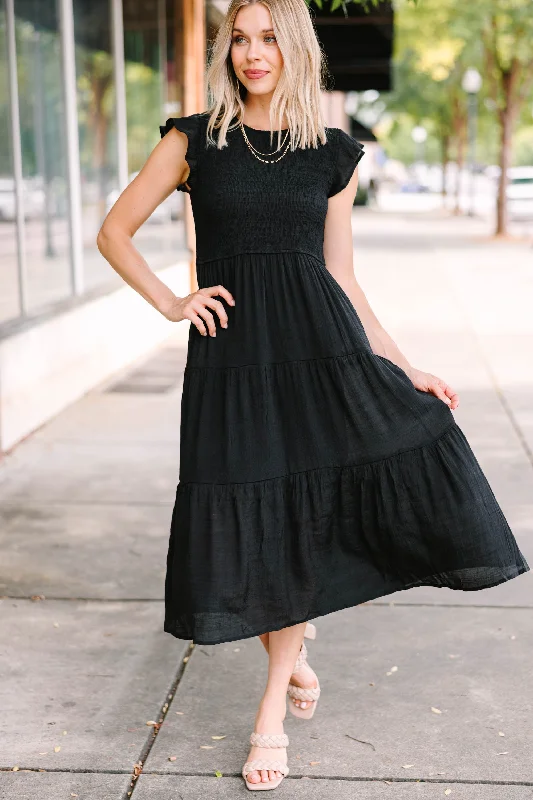 Dress with pleated skirt for evening -Learn To Love Black Smocked Midi Dress