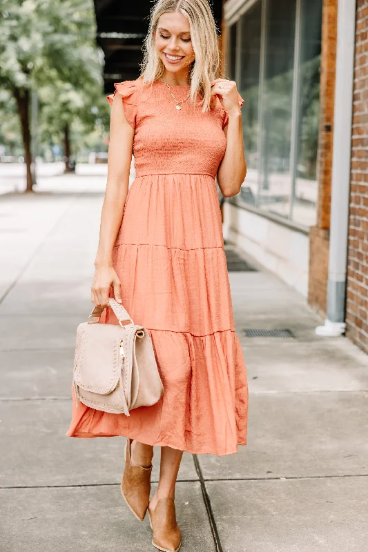 Dresses for tropical vacations -Learn To Love Sienna Orange Smocked Midi Dress