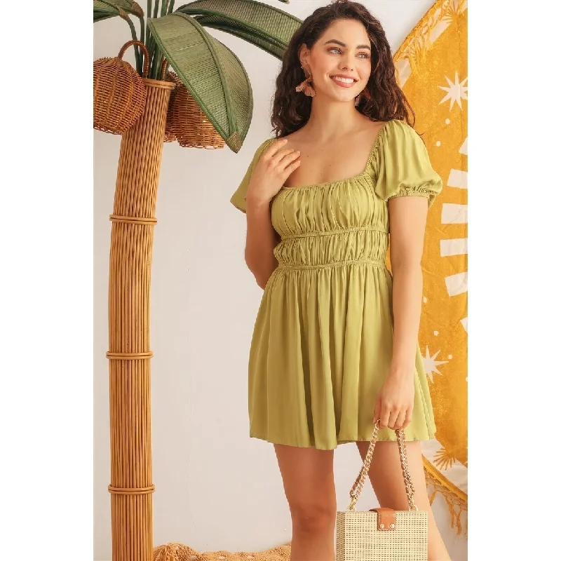 Summer dresses with lace -Light Green Woven Puff Short Sleeve Open Back Flare Mini Dress