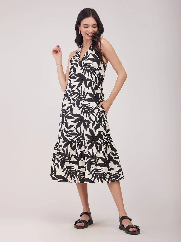 Dresses with asymmetric hems -Linen A-line Backless Dress - Black And Off White