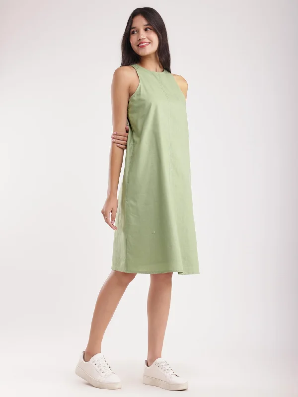 Dresses with geometric patterns -Linen A-line Dress - Sap Green