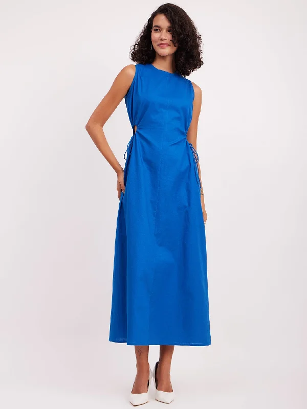 Off-shoulder dresses -Linen Cutout Detail Dress - Blue