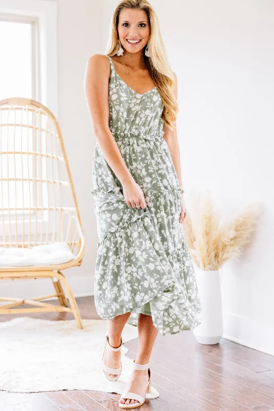 Dresses with flowing skirts -Listen To Your Heart Sage Green Ditsy Floral Midi Dress