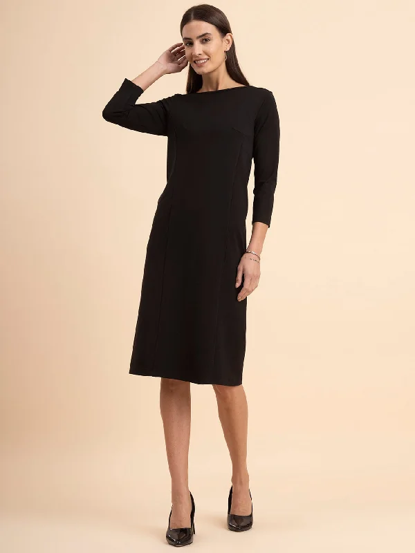 Spaghetti strap dresses -LivIn A-Line Boat Neck Dress - Black